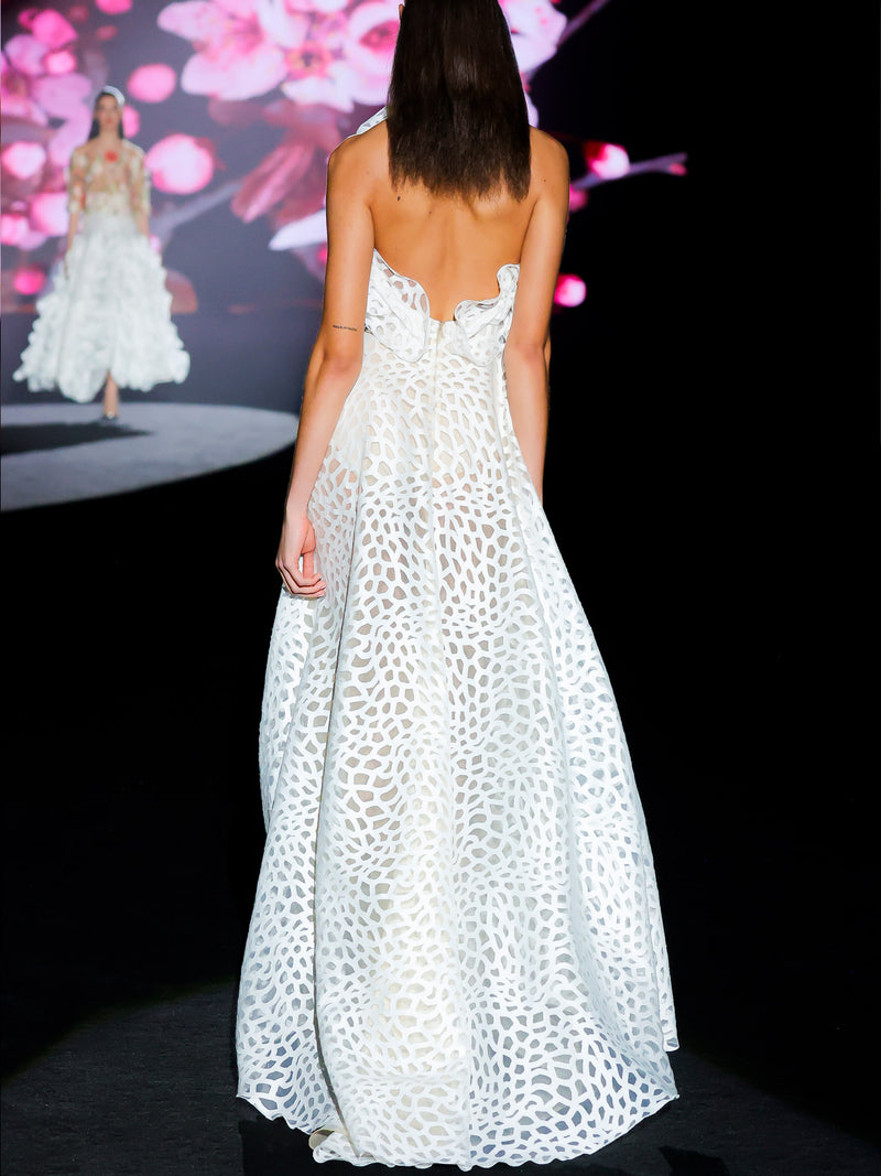 LOOK 1 INFINITY | Long printed chiffon dress with asymmetrical neckline