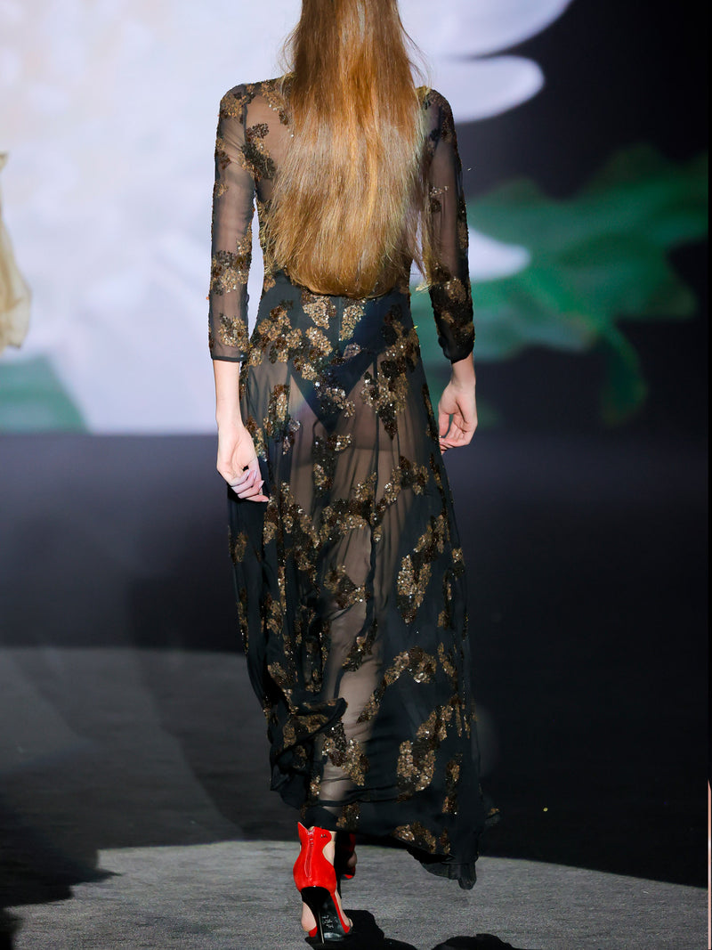 LOOK 1 INFINITY | Long printed chiffon dress with asymmetrical neckline