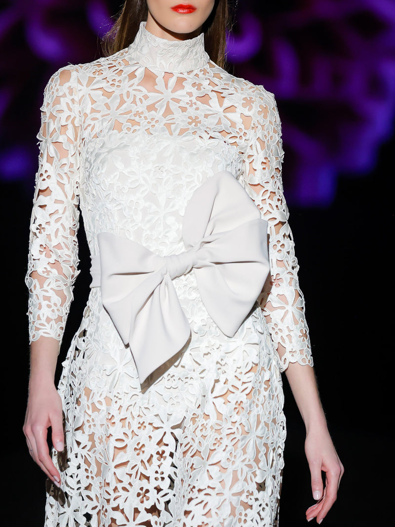 LOOK 1 INFINITY | Long printed chiffon dress with asymmetrical neckline