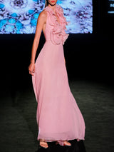 LOOK 20 Vestido MAROCO | Vestido de fiesta en gasa de seda rosa palo con escote en V y cascada de volantes, falda de capa