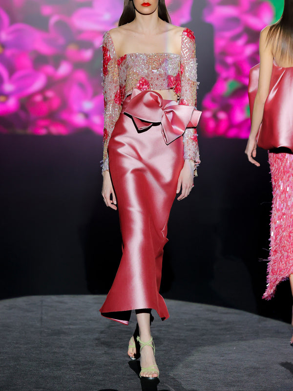 LOOK 1 INFINITY | Long printed chiffon dress with asymmetrical neckline