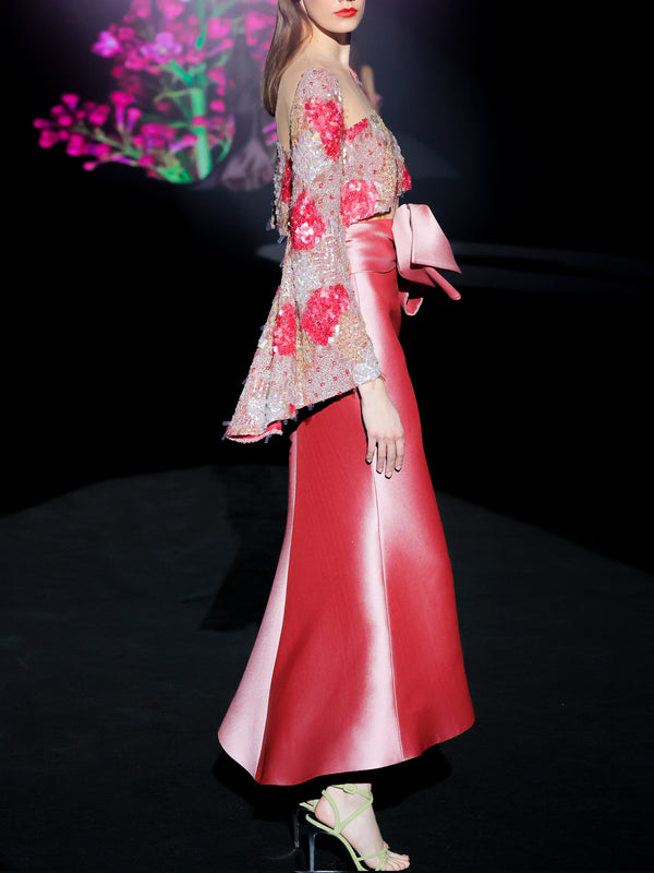 LOOK 1 INFINITY | Long printed chiffon dress with asymmetrical neckline