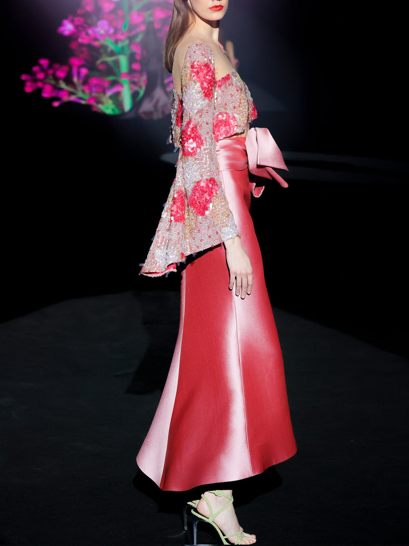 LOOK 1 INFINITY | Long printed chiffon dress with asymmetrical neckline