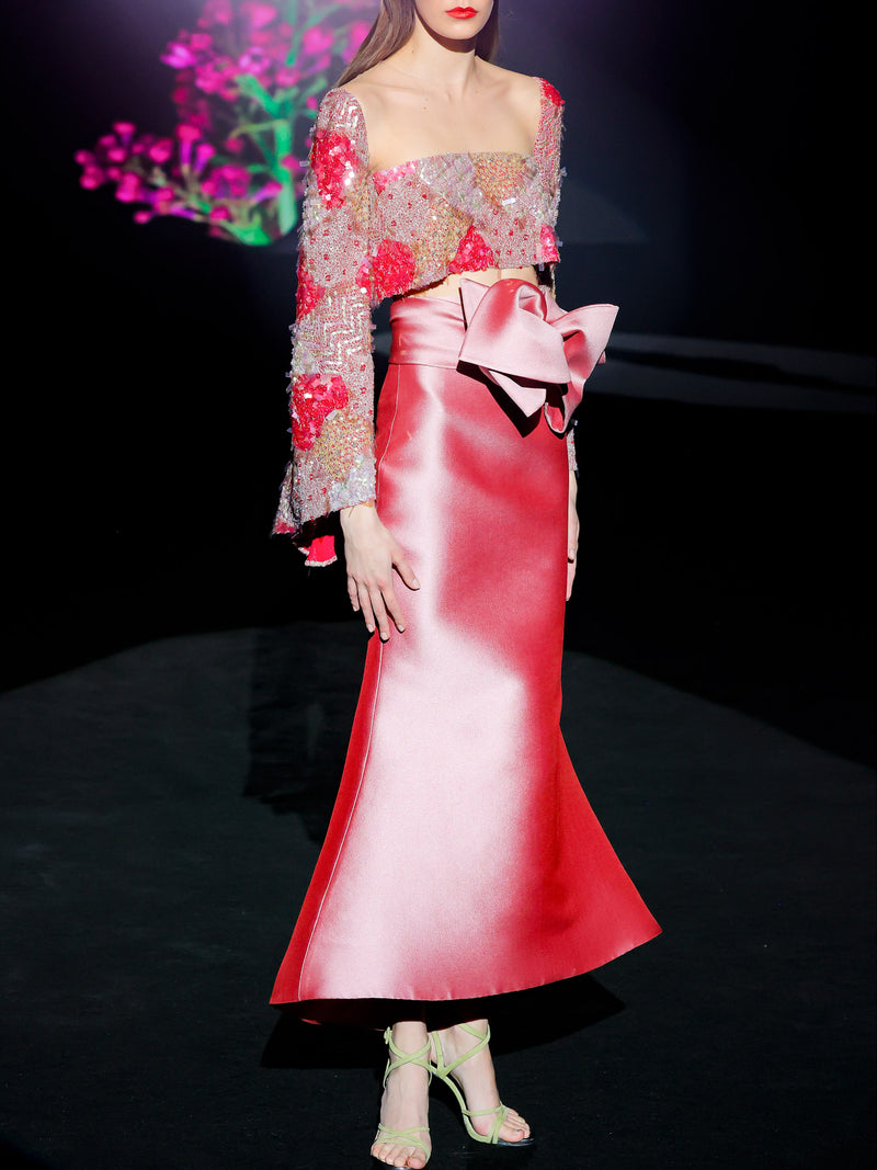 LOOK 1 INFINITY | Long printed chiffon dress with asymmetrical neckline
