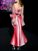 LOOK 1 INFINITY | Long printed chiffon dress with asymmetrical neckline