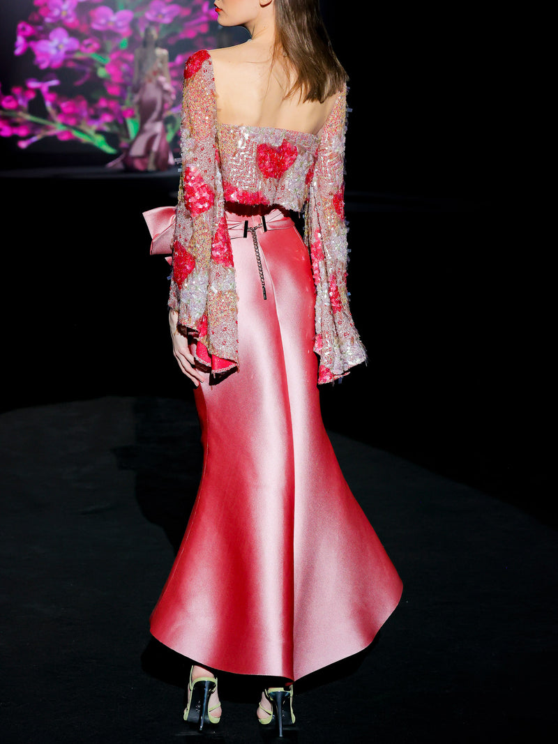LOOK 1 INFINITY | Long printed chiffon dress with asymmetrical neckline