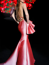 LOOK 1 INFINITY | Long printed chiffon dress with asymmetrical neckline