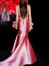 LOOK 1 INFINITY | Long printed chiffon dress with asymmetrical neckline