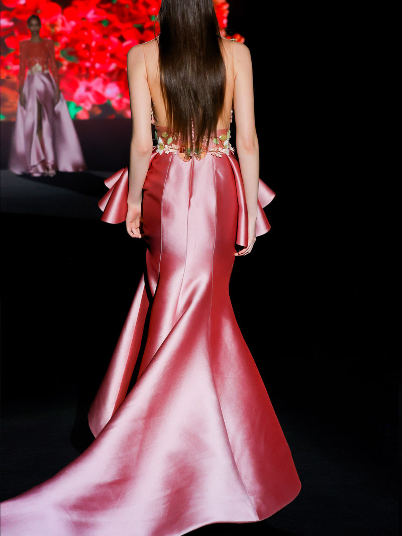 LOOK 1 INFINITY | Long printed chiffon dress with asymmetrical neckline