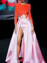 LOOK 1 INFINITY | Long printed chiffon dress with asymmetrical neckline