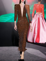LOOK 1 INFINITY | Long printed chiffon dress with asymmetrical neckline