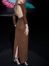 LOOK 1 INFINITY | Long printed chiffon dress with asymmetrical neckline