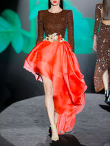 LOOK 1 INFINITY | Long printed chiffon dress with asymmetrical neckline