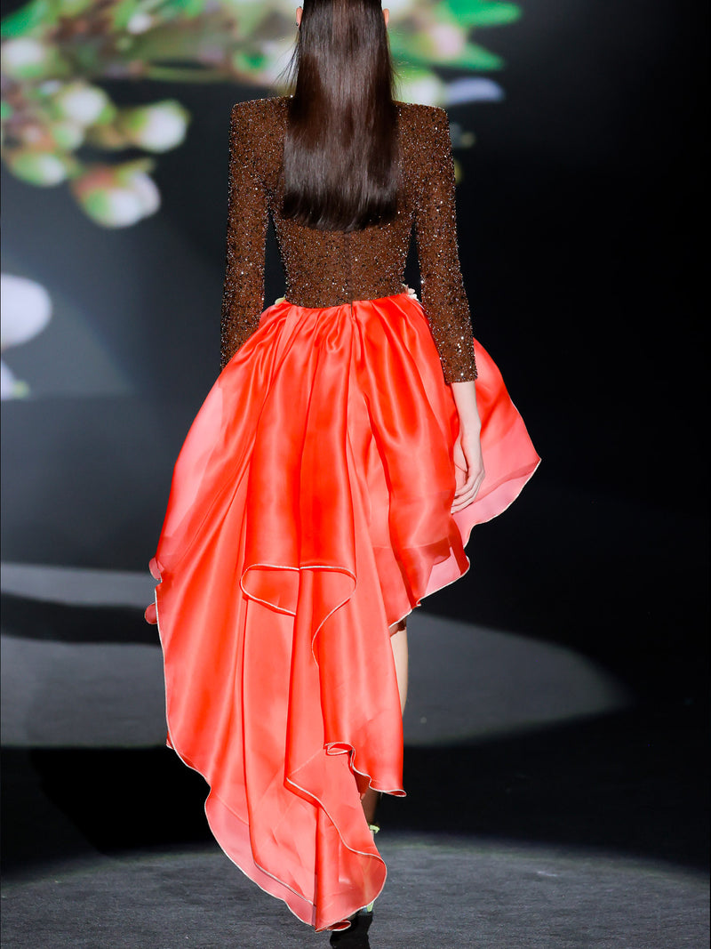 LOOK 1 INFINITY | Long printed chiffon dress with asymmetrical neckline