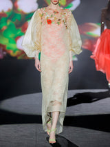 LOOK 1 INFINITY | Long printed chiffon dress with asymmetrical neckline
