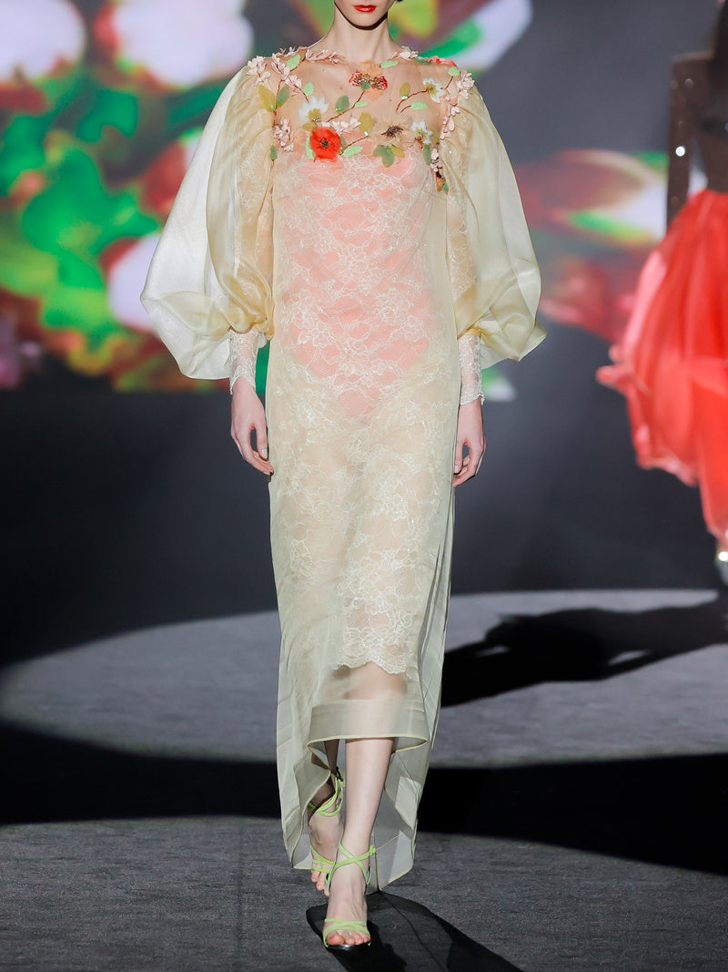 LOOK 1 INFINITY | Long printed chiffon dress with asymmetrical neckline