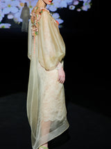 LOOK 1 INFINITY | Long printed chiffon dress with asymmetrical neckline