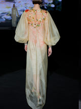 LOOK 1 INFINITY | Long printed chiffon dress with asymmetrical neckline