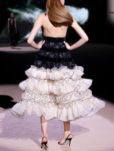 LOOK 28 Vestido NEPTUNO | Vestido de fiesta en terciopelo bordado con amplia falda de volantes de organza plisada