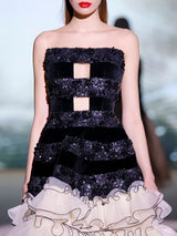 LOOK 28 Vestido NEPTUNO | Vestido de fiesta en terciopelo bordado con amplia falda de volantes de organza plisada