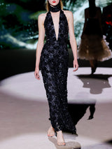 LOOK 29 Vestido NOVAK | Vestido de fiesta halter en tul bordado con azabaches, cuello alto y falda evasé
