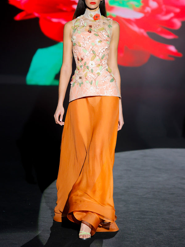 LOOK 1 INFINITY | Long printed chiffon dress with asymmetrical neckline