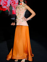 LOOK 1 INFINITY | Long printed chiffon dress with asymmetrical neckline