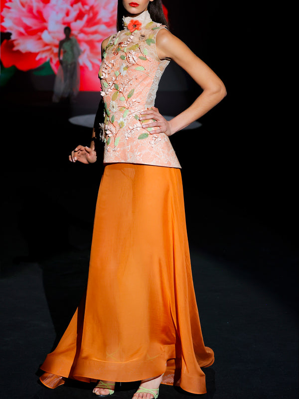 LOOK 1 INFINITY | Long printed chiffon dress with asymmetrical neckline