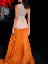 LOOK 1 INFINITY | Long printed chiffon dress with asymmetrical neckline