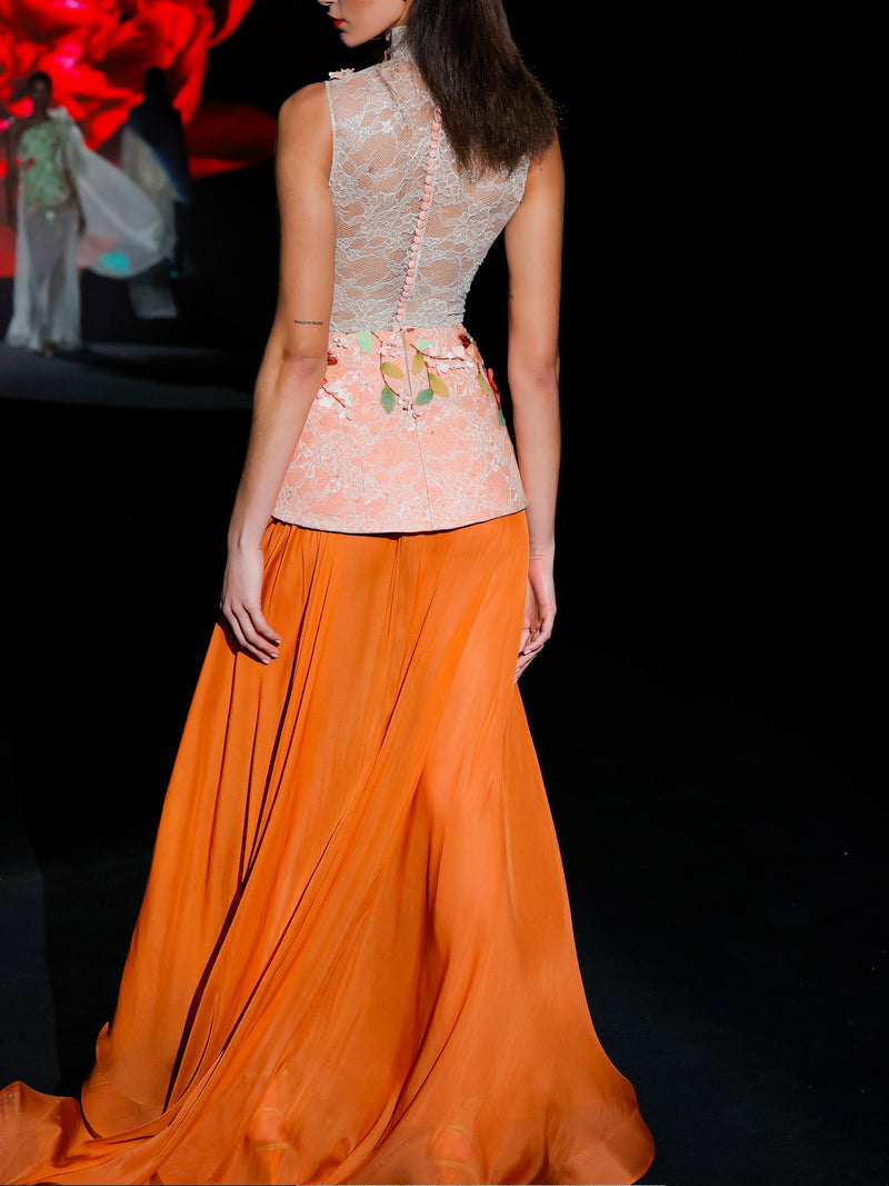LOOK 1 INFINITY | Long printed chiffon dress with asymmetrical neckline