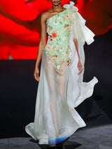 LOOK 1 INFINITY | Long printed chiffon dress with asymmetrical neckline