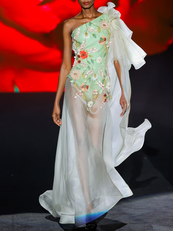 LOOK 1 INFINITY | Long printed chiffon dress with asymmetrical neckline