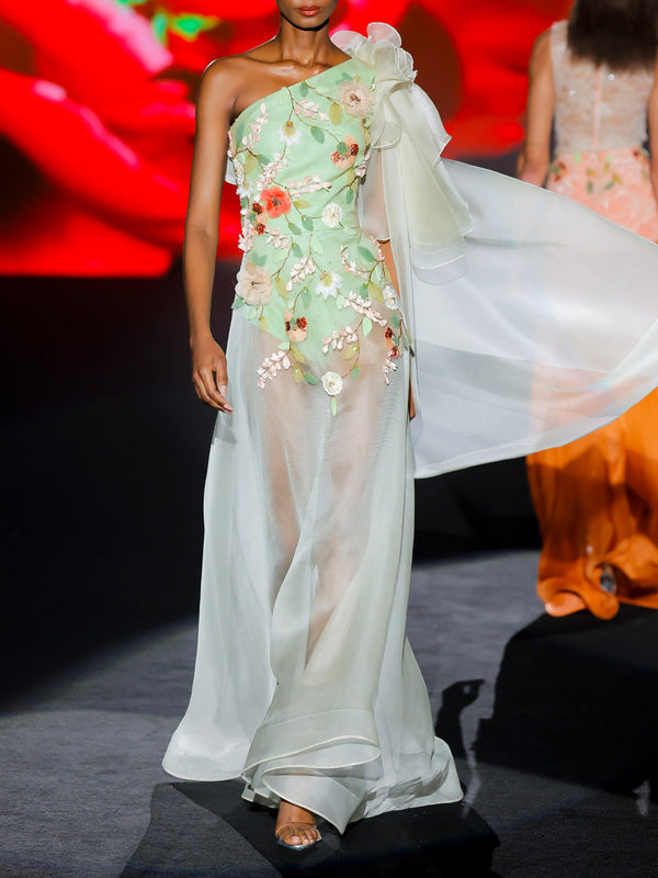 LOOK 1 INFINITY | Long printed chiffon dress with asymmetrical neckline