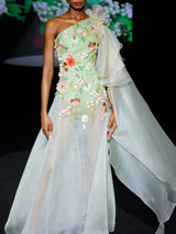 LOOK 1 INFINITY | Long printed chiffon dress with asymmetrical neckline