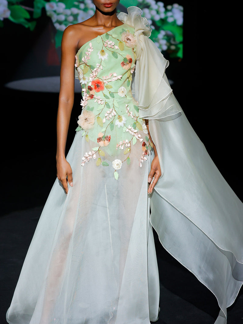 LOOK 1 INFINITY | Long printed chiffon dress with asymmetrical neckline