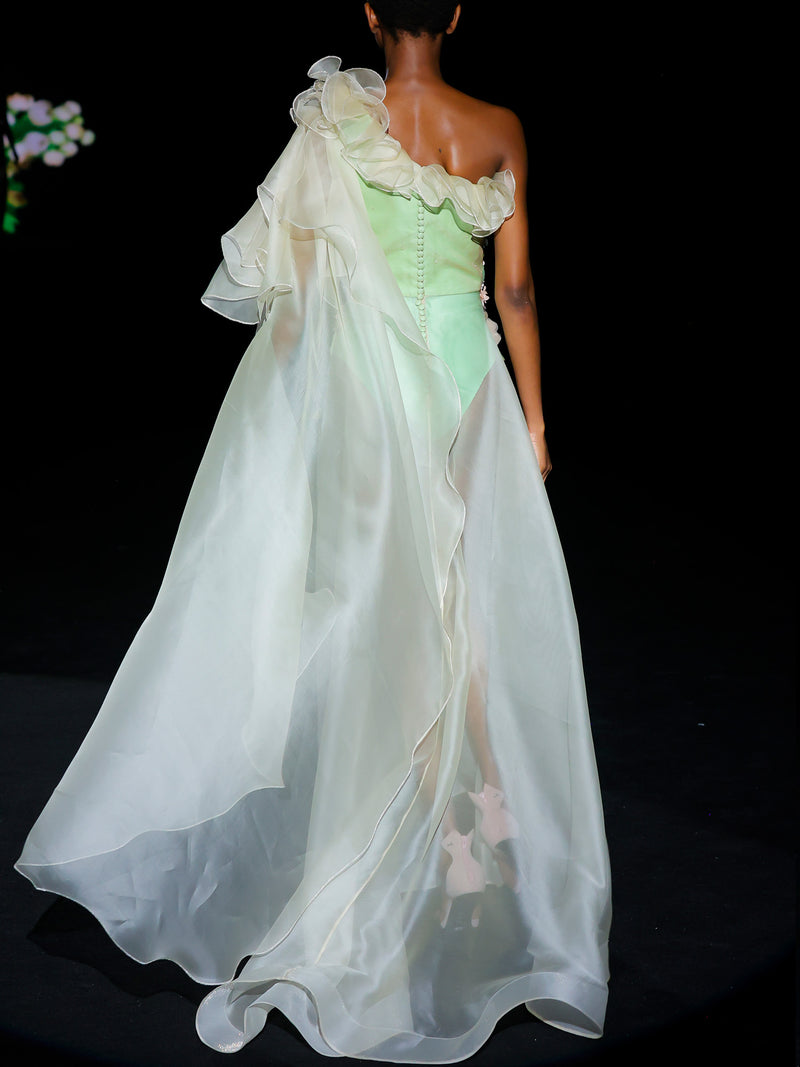 LOOK 1 INFINITY | Long printed chiffon dress with asymmetrical neckline