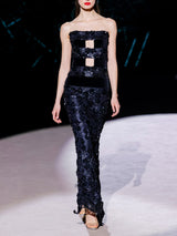 LOOK 31 Vestido NEW YORK | Vestido de fiesta en terciopelo y tul bordado con escote palabra de honor y falda recta