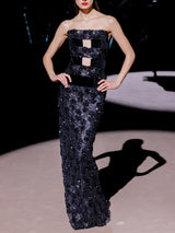 LOOK 31 Vestido NEW YORK | Vestido de fiesta en terciopelo y tul bordado con escote palabra de honor y falda recta