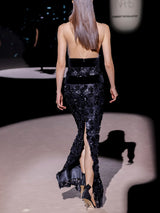 LOOK 31 Vestido NEW YORK | Vestido de fiesta en terciopelo y tul bordado con escote palabra de honor y falda recta