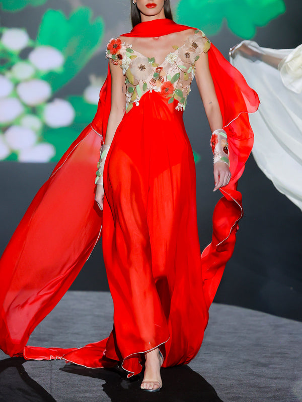 LOOK 1 INFINITY | Long printed chiffon dress with asymmetrical neckline