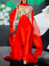 LOOK 1 INFINITY | Long printed chiffon dress with asymmetrical neckline