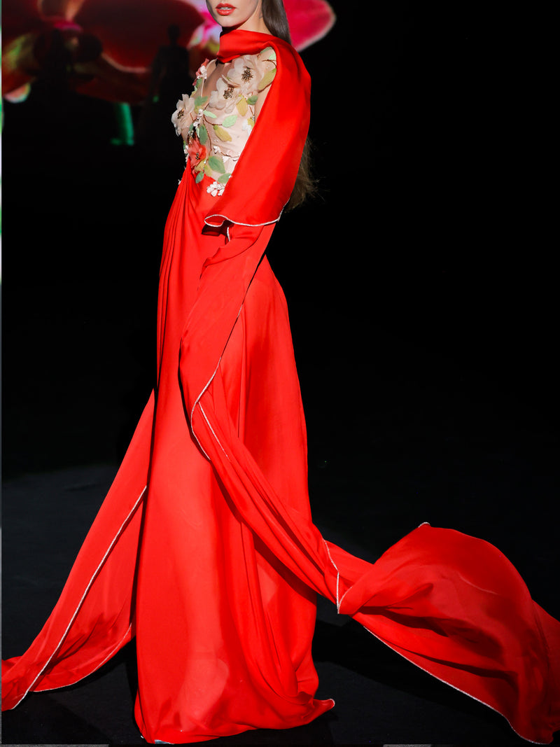 LOOK 1 INFINITY | Long printed chiffon dress with asymmetrical neckline