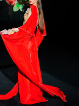 LOOK 1 INFINITY | Long printed chiffon dress with asymmetrical neckline