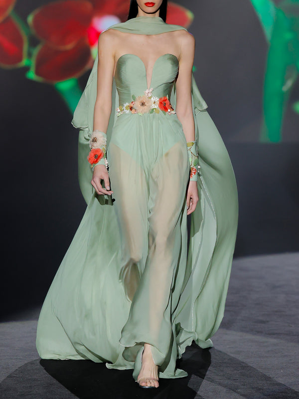 LOOK 1 INFINITY | Long printed chiffon dress with asymmetrical neckline