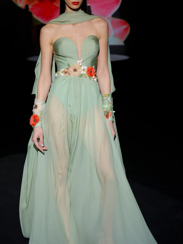 LOOK 1 INFINITY | Long printed chiffon dress with asymmetrical neckline
