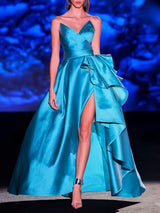 LOOK 34 Vestido MANHATTAN | Vestido de fiesta en mikado maldivas con escote corazón, falda asimétrica y volante en cascada