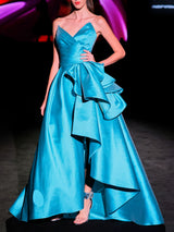 LOOK 34 Vestido MANHATTAN | Vestido de fiesta en mikado maldivas con escote corazón, falda asimétrica y volante en cascada