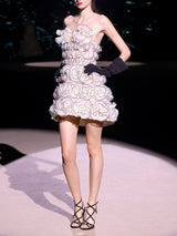 LOOK 34 Vestido NADINE | Vestido de fiesta corto en tul invisible y organza nude con flores y volantes plisados
