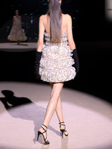 LOOK 34 Vestido NADINE | Vestido de fiesta corto en tul invisible y organza nude con flores y volantes plisados