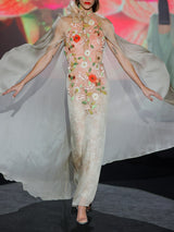 LOOK 1 INFINITY | Long printed chiffon dress with asymmetrical neckline